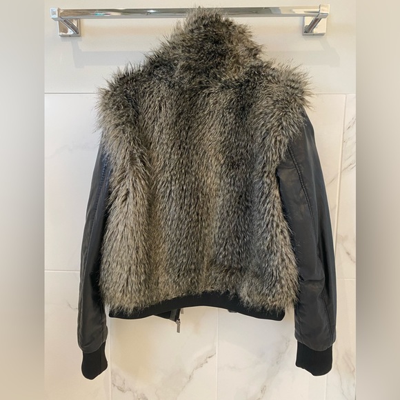 Black Leather and Grey Fur Armani Exchange Bomber Jacket - Picture 2 of 3